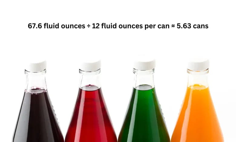 A 2 liter bottle of soda contains approximately 5.63 cans of soda. This calculation is based on the standard size of a soda can, which is 12 fluid ounces.